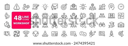 Workshop set of web icons in line style. Business Workshop icons for web and mobile app. Containing team building, teamwork, coaching, meeting, managing, coaching, motivation and more