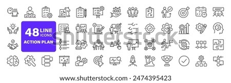 Action plan set of web icons in line style. Strategy action planning icons for web and mobile app. Containing strategy, analysis, planning, strategy, analysis, tasks, goal, implementation and more