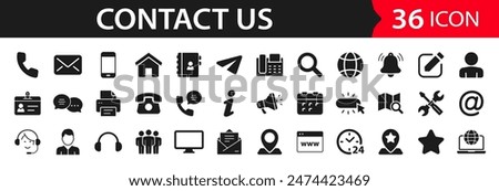 Contact us set of web icons. Social Media network icons for web. Customer service. Contact support sign and symbols. Call us, support, email, message, phone, info. Solid vector icons collection