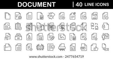 Document set of web icons in line style. Documents linear icon collection. Containing contract papers, folder, certificate, accept, approved, clipboard, invoice, archive and more. Editable stroke