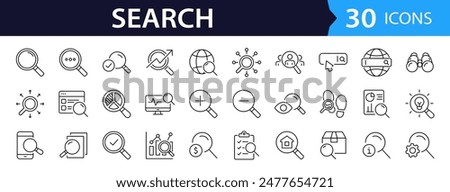 Search set of web icons in line style. Magnifying glass linear icon collection. Containing SEO, Digital marketing, data analysis, management, investigate, find and more. Editable stroke