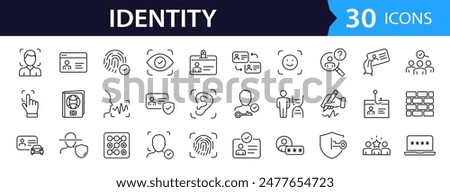 Identity set of web icons in line style. Authentication linear icons collection. Containing identification, passport, biometric, ID card, fingerprint, DNA. Editable stroke