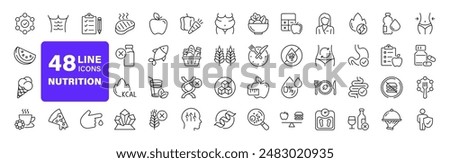 Nutrition set of web icons in line style. Healthy food linear icon collection. Containing food, vegetables, water, palm oil free, сaunt calories, zero trans fat, probiotics and more. Editable stroke