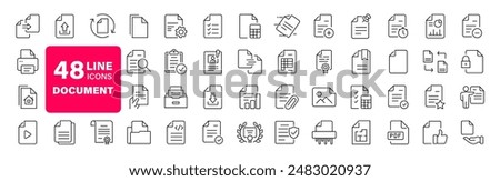 Document set of web icons in line style. Documents linear icon collection. Containing contract papers, folder, certificate, accept, approved, clipboard, invoice, archive and more. Editable stroke