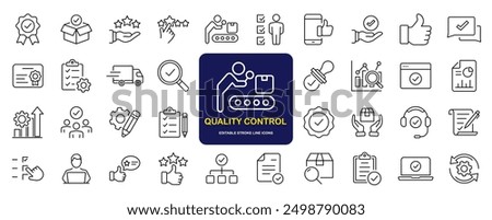 Quality control set of web icons in line style. Quality Check computing icons for web and mobile app. Containing inspection, evaluation, production, quality assurance, certificate, testing and more