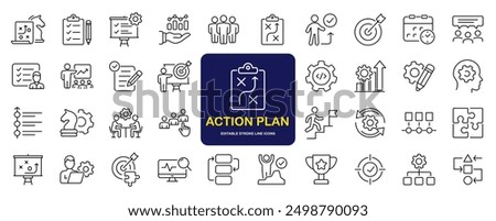 Action plan set of web icons in line style. Strategy action planning icons for web and mobile app. Containing strategy, analysis, planning, strategy, analysis, tasks, goal, implementation and more