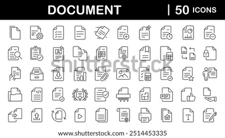 Document set of web icons in line style. Documents linear icon collection. Containing contract papers, folder, certificate, accept, approved, clipboard, invoice, archive and more. Editable stroke