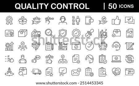 Quality control set of web icons in line style. Quality Check computing icons for web and mobile app. Containing inspection, evaluation, production, quality assurance, certificate, testing and more