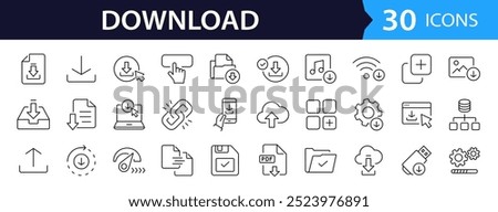 Download set of web icons in line style. Upload and Download linear icon collection. Containing arrow, link, folder, download file, cloud storage, web button. Editable stroke