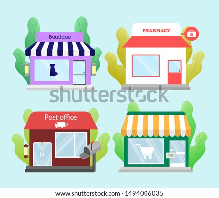 Set of modern shops and buildings in a flat style. Boutique, pharmacy, minimarket and post office.