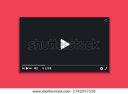 Video player window live streaming. Video player dark interface. Player design with button live stream.