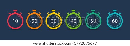Timer. Stopwatch. Countdown 10.20,30,40,50,60 minutes. Vector icons