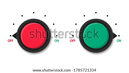 Toggle switch on and off. Red and green round buttons. Scale meter. Power levels. Vector gauge.
