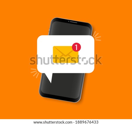 Smartphone with message notification. Notice on message. New email notification on the phone screen. Envelope with new message.
