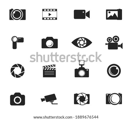 Photo and video icon set. Icons of photography, image, photo gallery, video camera and photo camera. Diaphragm icon. image, photo gallery Vector illustration.