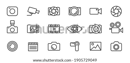 Simple set of icons of camcorders and photo cameras thin line style. Photography icons set. Security camera icon. Photo and video icons. Multimedia icon set. Vector illustration