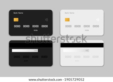 Set credit (debit) black and white card mockup in flat style. Credit card templates design for presentation. Flat credit cards isolated on gray background. Vector illustration. EPS10