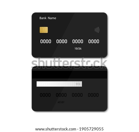 Credit debit black card mockup in flat style. Credit card template design for presentation. Flat credit card isolated on white background. Vector illustration. EPS10