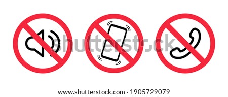 Phone off icon. Off Sound on phone. Silent mode on the smartphone. Forbidden use cellphone, sound. Volume off on mobile. Sign off phone. Vector warning icons
