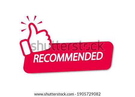 Recommend icon. Banner recommended with thumb up. Red label. Best brend. Emblem. Vector illustration. Eps 10 商業照片 © 