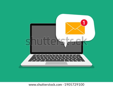 Email message on screen in laptop. Laptop with envelope on screen. Message reminder concept. Newsletter on computer. Email receiving symbol, service, notification, email, new message.