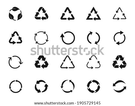 Set of recycle icon symbol vector. Recycling and rotation arrow icon pack. Ecology, cleanliness and recycling symbol. Black arrows recycle, means using recycled resources, recycling. Bio recycling.