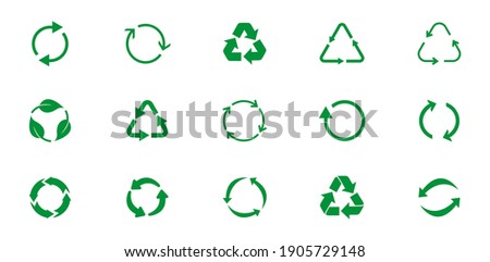 Set of recycle icon symbol vector. Recycling and rotation arrow icon pack. Ecology, cleanliness and recycling symbol. Green arrows recycle, means using recycled resources, recycling. Bio recycling.