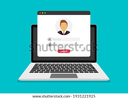 Login form on laptop screen. Login and password form page. Account login user. Sign in to account. Username and password fields for authorization. Flat design. Vector illustration.