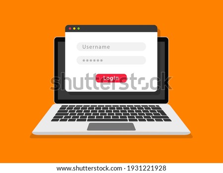 Login form on laptop screen. Login and password form page. Account login user. Sign in to account. Username and password fields for authorization. Flat design. Vector illustration.