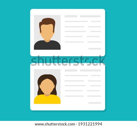 ID cards. Personal info data. Identification document with person photo. User or profile card. Driver's license. Flat style. Vector illustration.