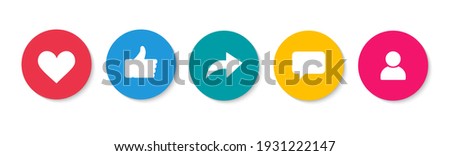 Social media icons. Social network buttons for design. Thumbs up, heart, comment, repost and follow. Vector illustration.