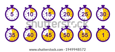 et of simple timers. Countdown5,10,15,20,25,30,35,40,45,50,55,1 minutes. Stopwatch icons set in flat style, digital timer. clock and watch, countdown symbol. Vector illustration. EPS 10