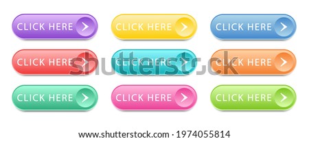 Set of colored buttons Click Here isolated on white background. Click here vector web button. UI button concept. Call to Action Button. Vector illustration