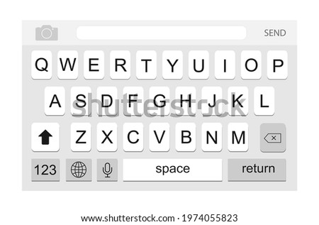 Smartphone keyboard. Virtual key board for mobile phone. Mockup keypad for a touchscreen device. Social media keyboard for digital device. Flat style. Vector illustration.