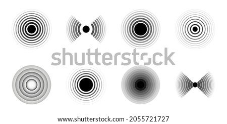 Sonar sound waves. Set of radar black icons. Signal rings. Pain circles. Vector illustration.