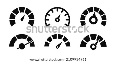 Speedometer icon set. Speedometer indicators with arrows. Dashboard, gauge, counter and tachometer. Scale from minimum to maximum. Speed signs. Vector illustration.