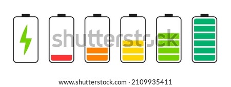 Battery charge indicator icons. Phone charge level, color collection of charge power. Discharged and fully charged battery. Battery charge from high to low. Vector Illustration. ストックフォト © 