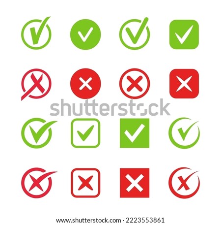 Check mark and cross icons. Green check mark and red cross. Tick and cross signs. Approved and rejected symbol. Vector illustration.