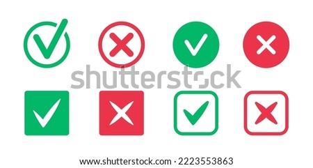 Check mark and cross icons. Green check mark and red cross. Tick and cross signs. Approved and rejected symbol. Vector illustration.