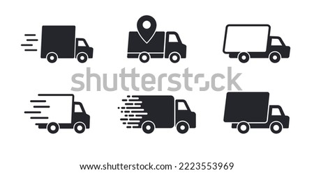 Delivery truck icons set. Fast delivery truck. Delivery service icons. Express shipping. Cargo van moving fast. Logistics trucking. Vector illustration.