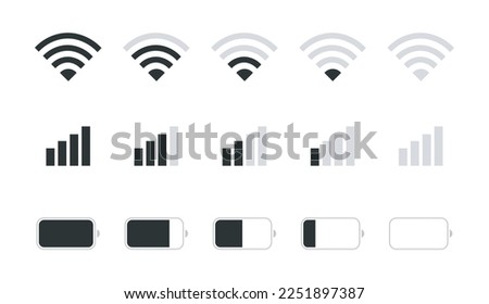 Wi-Fi Icon set. Wireless and wifi signal. WiFi zone sign. Charge battery level. Mobile connection icons. Phone system icons. Vector