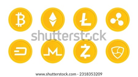 Crypto icon set. Cryptocurrency icons. Crypto coin logo collection. Crypto Currency: Bitcoin, Ethereum, Litecoin, Ripple, Dash, Monero, Zcash and NEM. Vector illustration.