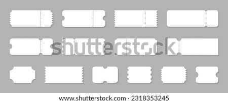 Blank ticket set. Empty ticket template. Coupons, lotterys, tickets movie, concert, boarding on transport. Vector illustration.