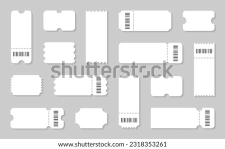 Blank ticket set. Empty ticket template with barcode. Coupons, lotterys, tickets movie, concert, boarding on transport. Vector illustration.