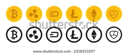 Crypto icon set. Cryptocurrency icons. Crypto coin logo collection. Crypto Currency: Bitcoin, Ethereum, Litecoin, Ripple, Dash and NEM. Vector illustration.