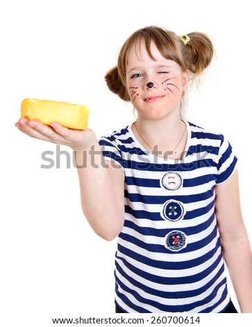 Happy Little mouse girl with  cheese on the white background.