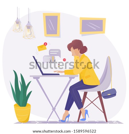 Businesswoman or blogger, fashionably dressed, sits at a modern workplace and answers letters, messages. A lot of work, overworked, stress, office routine concept. Isolated stock vector illustration.