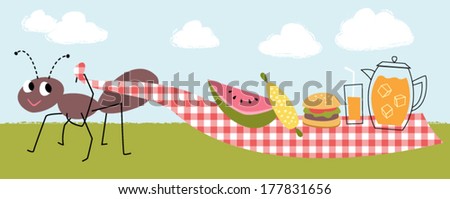 Vector Illustration of Happy Ant Pulling Picnic Spread on Grass