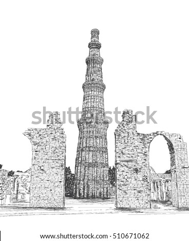 Qutub Minar Vector Illustration – New Delhi, India Unesco World Heritage Site