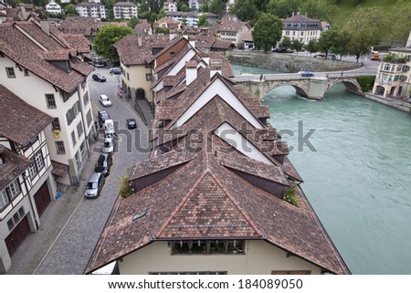 Bern, Switzerland - June 14, 2013: Beautiful cityscape of the old town of Bern, the Swiss capital and Unesco World Heritage city (Switzerland)